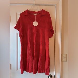 BNWT Umgee Red-midi Dress.Swiss Dot jacquard tiered short sleeve Collared Dress